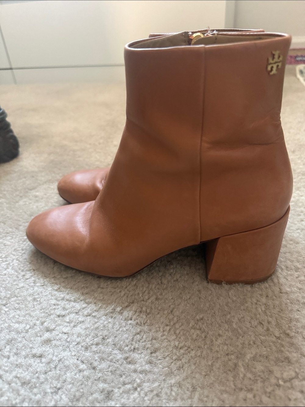 Tory Burch Cognac Leather Block Heel Ankle Boots - size 8.5